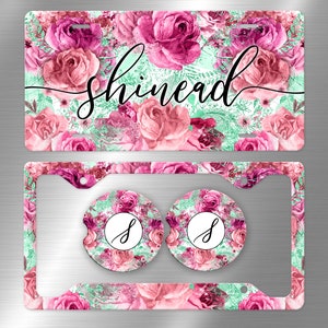 Pink & Mint Glitter Floral Monogrammed License Plate, License Plate Frame Custom, Car Coasters, Personalized Front License Plate