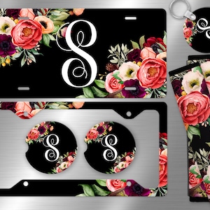 Black Floral Rose Monogram License Plate, Frame Custom, Car Coasters, Personalized, Seat Belt Covers