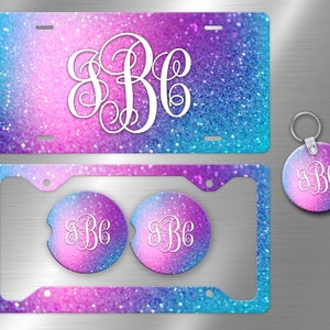 Glitter Ombre Plum Blue License Plate, License Plate Frame Custom, Car Coasters, Personalized Front License Plate