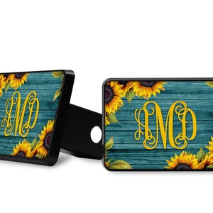 Sunflower Trailer Hitch Cover with Turquoise Wood C105
