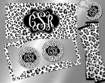 Leopard Print License Plate: Black, White & Gray