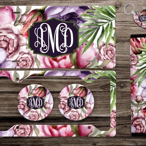 Watercolor Lg Floral Monogrammed License Plate, License Plate Frame Custom, Car Coasters, Seat Belt Cover, Personalized Front License Plate