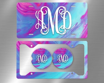 Ink Swirl Marble Monogram License Plate in Hot Pink & Turquoise C104