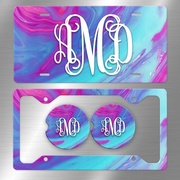 Ink Swirl Marble Monogram License Plate in Hot Pink & Turquoise C104