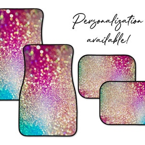 May include: Set of four car floor mats with a sparkly, iridescent glitter design in shades of pink, blue, and gold.  Personalization available!