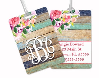 Pastel Floral Rustic Custom Luggage Tag | Personalized Luggage Tag | Gift for Traveler | Gifts for Her | Monogram Luggage Tag