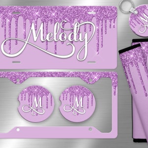 Purple Glitter Drip License Plate, License Plate Frame Custom, Car Coasters, Personalized Front License Plate