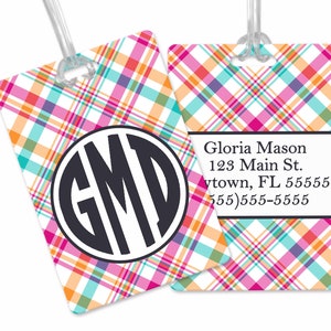 Custom Plaid Luggage Tag Pink Teal 5 | Custom Luggage Tag | Gift for Traveler | Gifts for Her | Monogram Luggage Tag