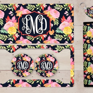 Navy Floral Monogrammed License Plate, License Plate Frame Custom, Car Coasters, Seat Belt Cover, Personalized Front License Plate