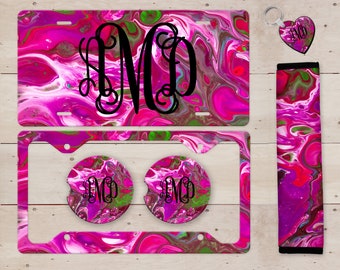 Monogrammed Swirl Marble Car Accessories: License Plate, Frame, Coasters, Cover