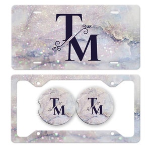 Sparkle Marble Monogram License Plate in Lilac, Faux Glitter License Plate Frame Custom, Car Coasters, Personalized Front License Plate