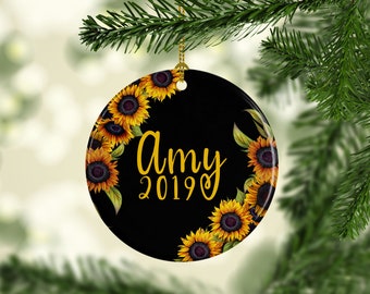 Sunflower Christmas Ornament on Black - Personalized