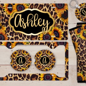 Sunflower Leopard Print Monogram License Plate, License Plate Frame Custom, Car Coasters, Personalized Front License Plate