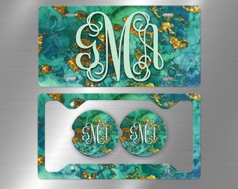 Glitter Ink Marble Monogram License Plate Green Blue , License Plate Frame Custom, Car Coasters, Personalized Front License Plate