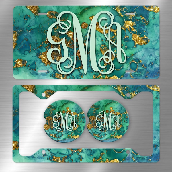 Glitter Ink Marble Monogram License Plate Green Blue , License Plate Frame Custom, Car Coasters, Personalized Front License Plate