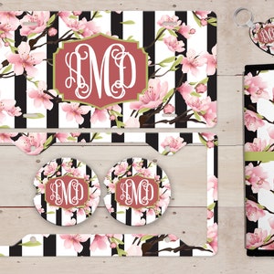 Cherry Blossom Stripe Monogrammed License Plate, License Plate Frame Custom, Car Coasters, Personalized Front License Plate