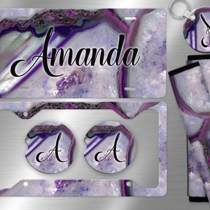 Purple Geode License Plate, Agate License Plate Frame Custom, Car Coasters, Seat Belt Cover, Personalized Front License Plate