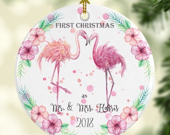 Our First Christmas Ornament Personalized for Christmas - Mr. and Mrs. Ornament with Flamingos in Watercolor - Flamingo Ornament