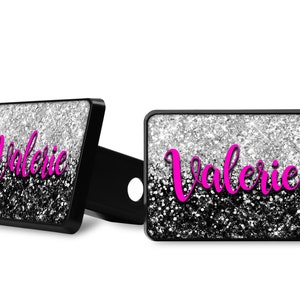 Silver & Black Glitter Ombre Hitch Cover with Hot pink Font
