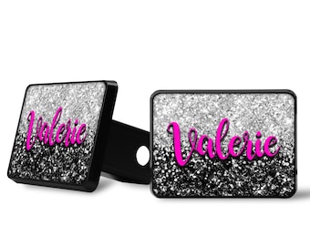 Silver & Black Glitter Ombre Hitch Cover with Hot pink Font