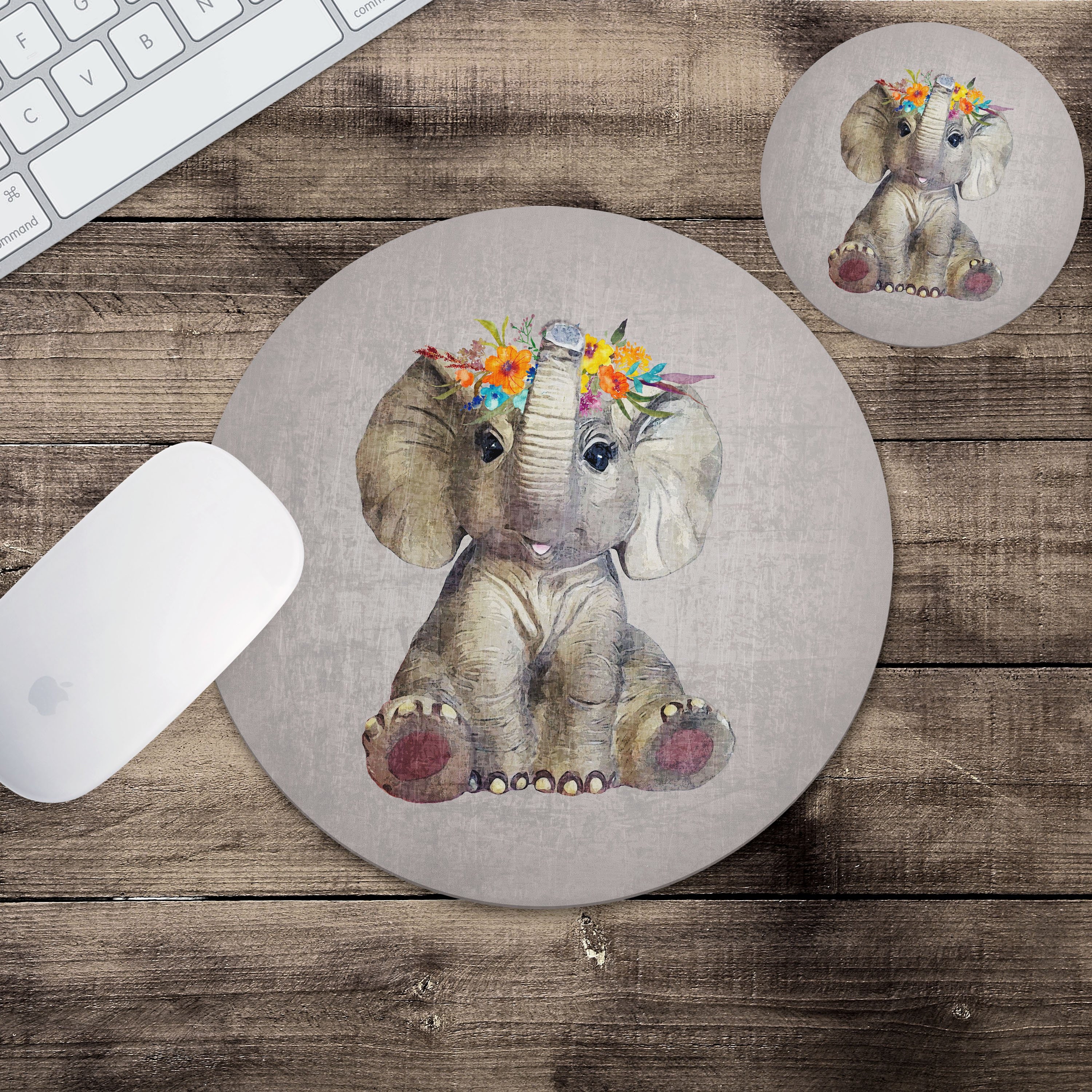 Baby Elephant Mouse Pad & Coaster Gray | Elephant MousePad | Gift for Wife | Gift for Girlfriend | Office Gift | Gift Set | Elephant Gift