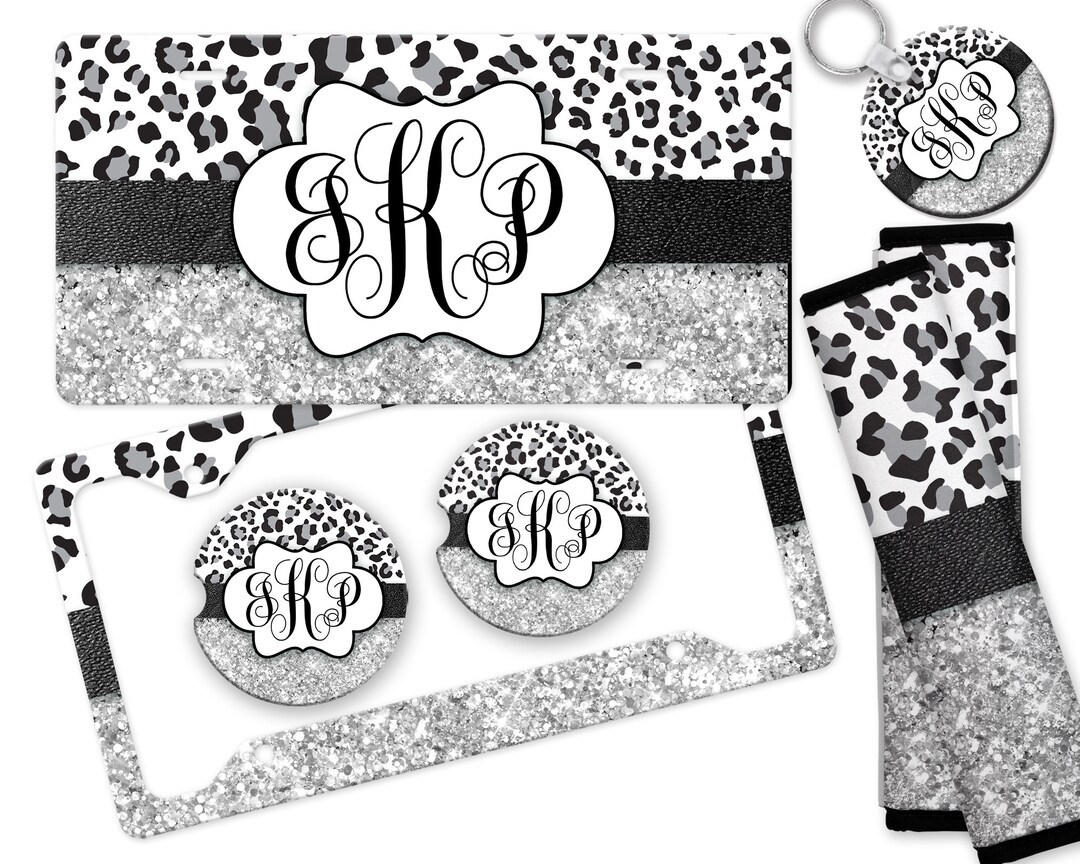 Faux Glitter Leopard License Plate in Black, White & Silver Snow