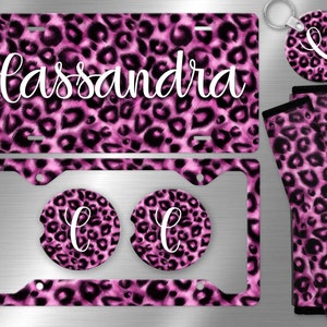 Leopard Print License Plate in Pink and Black, License Plate Frame Custom, Car Coasters, Personalized Front License Plate