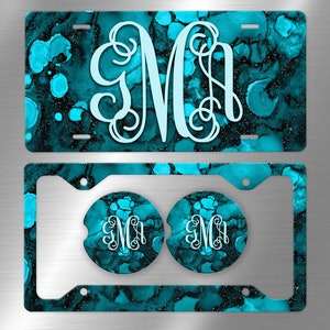 Glitter Ink Marble Monogram License Plate Teal Black , License Plate Frame Custom, Car Coasters, Personalized Front License Plate
