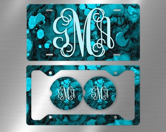 Glitter Ink Marble Monogram License Plate Teal Black , License Plate Frame Custom, Car Coasters, Personalized Front License Plate