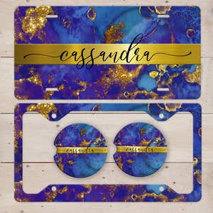 Blue & Gold Marble Custom Glitter License Plate, License Plate Frame Custom, Car Coasters, Personalized Front License Plate
