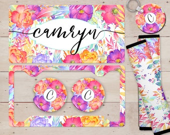 Rainbow Floral Monogram License Plate, License Plate Frame Custom, Car Coasters, Personalized Front License Plate