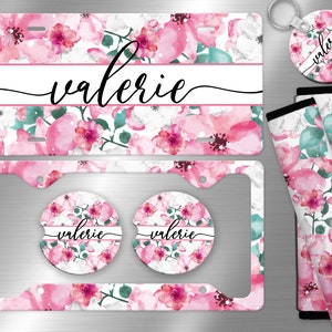 Watercolor Pink Floral Monogrammed License Plate, License Plate Frame Custom, Car Coasters, Personalized Front License Plate