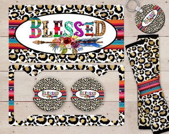 Leopard Print Serape Blessed License Plate, License Plate Frame, Car Coasters, Front License Plate