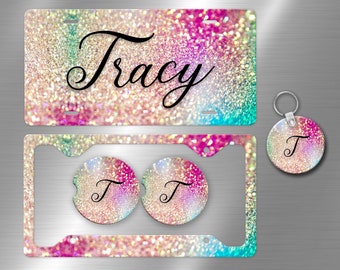 Front Car Tag Faux Glitter Ombre Bright, License Plate Frame Custom, Car Coasters, Personalized Front License Plate C100