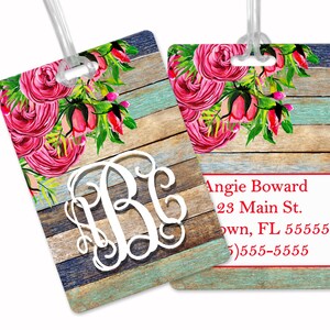 Hot Pink Floral Rustic Custom Luggage Tag | Personalized Luggage Tag | Gift for Traveler | Gifts for Her | Monogram Luggage Tag