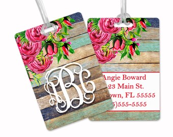 Hot Pink Floral Rustic Custom Luggage Tag | Personalized Luggage Tag | Gift for Traveler | Gifts for Her | Monogram Luggage Tag