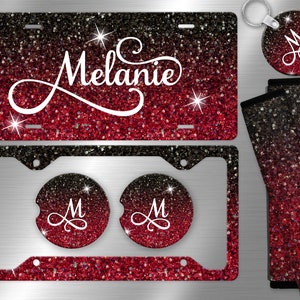 Black & Red Glitter Ombre License Plate , License Plate Frame Custom, Car Coasters, Personalized Front License Plate