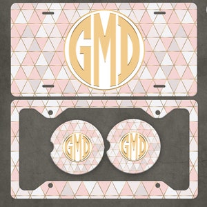 Monogram Geometric License Plate Pink & Gold, License Plate Frame Custom, Car Coasters, Personalized Front License Plate