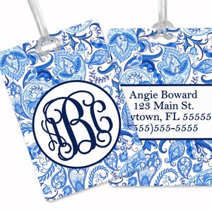 Custom Paisley Luggage Tag Blue Custom Luggage Tag Gift for Traveler Gifts for Her Monogram Luggage Tag image 1