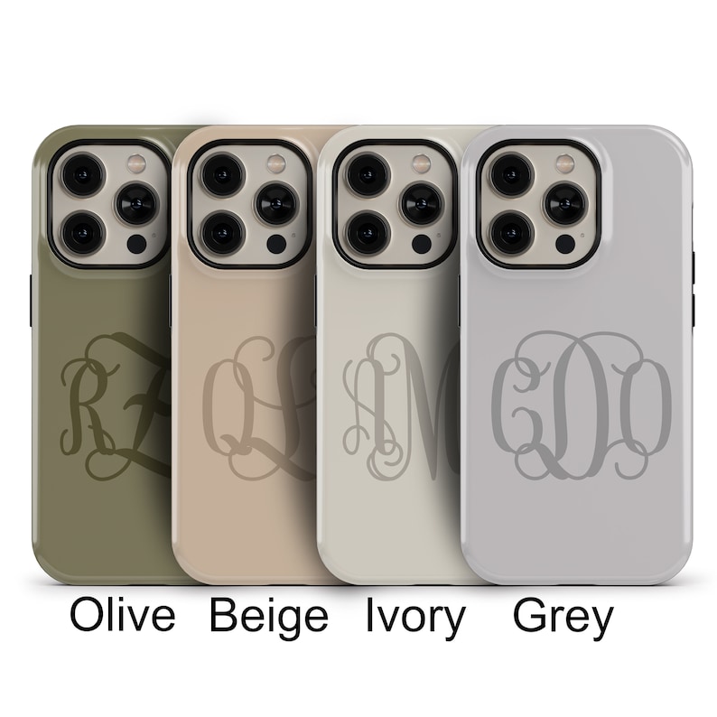 May include: Four phone cases in different colors: olive, beige, ivory, and grey. Each case has a monogram design with the letters "RZM" in a script font.