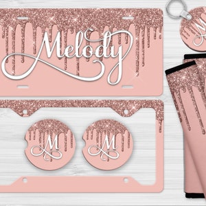 Rose Gold Glitter Drip License Plate, License Plate Frame Custom, Car Coasters, Personalized Front License Plate