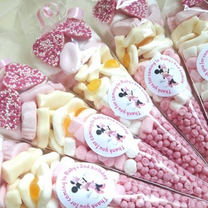 PRE FILLED pink mini mouse sweet cones - children's party bags - boys - girls - favours - kid's - birthday