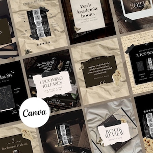 May include: A collage of book-themed graphics with a vintage aesthetic. Includes book covers, reviews, and quotes, with text like "Dark Academia books" and "Upcoming Releases." The design incorporates butterflies and a Canva logo.