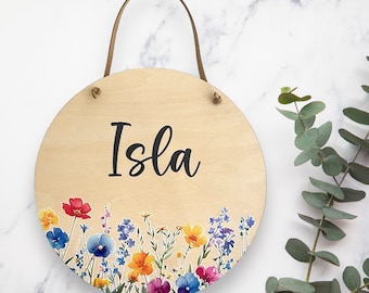 Personalised wooden floral wall hanging / door sign - Floral design 2