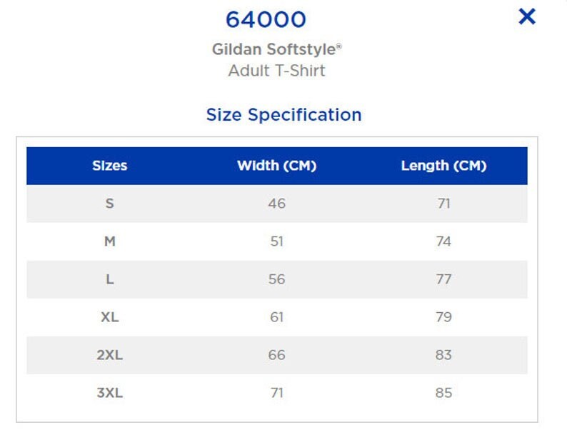 May include: A size specification chart for a Gildan Softstyle adult t-shirt. The chart, with a blue header, lists sizes S through 3XL, with corresponding width and length measurements in centimeters. The text "64000" is at the top.