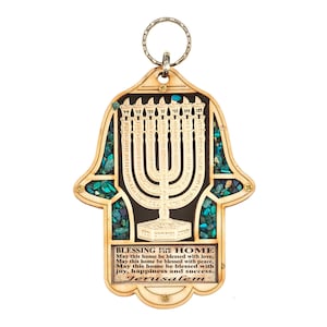 MATIEL Good Luck Home Blessing Hamsa Hand w/ Golden Menorah Decorated Turquoise gemstones represent spirituality and peace Energy Stones