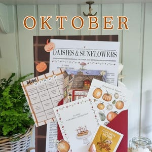 Könnte beinhalten: Eine Sammlung bedruckter Schreibwaren, darunter ein Daisies & Sunflowers-Newsletter, eine Herbst-Bingo-Karte, eine Pumpkins & Squash-Illustration, eine Kleine Karamell-Apfelchen-Karte und eine Golden Hour-Karte mit orangefarbenen Kürbisaufklebern.