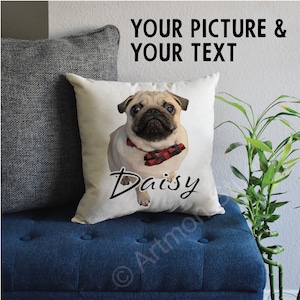 May include: A white pillow with a picture of a pug wearing a red and black bow tie. The pug's name, "Daisy", is written in cursive below the image.