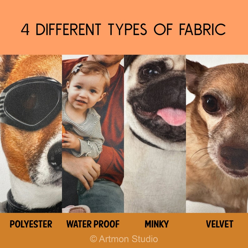 Pu&ograve; includere: Un confronto tra quattro diversi tipi di tessuto: poliestere, impermeabile, minky e velluto. Ogni tessuto &egrave; mostrato con un'immagine diversa di un cane o di un bambino.