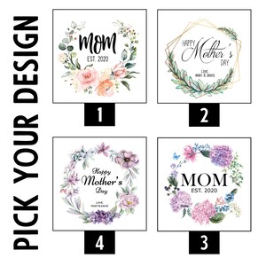May include: Four different designs for a Mother's Day gift. Each design features a floral wreath with the text "Mom" or "Happy Mother's Day".